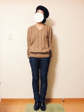 「インディゴデニム」｜「アイテム（ハンチング/ベレー帽）」を使った、mizootさん（レディース・157cm）の冬コーディネート