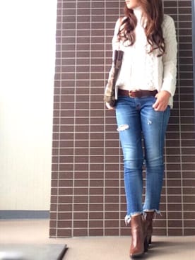 「Ungrid（アングリッド）のフレイドヘムストスリ（デニムパンツ）」を使った、kaco…＊さん（レディース・160cm）の秋コーディネート