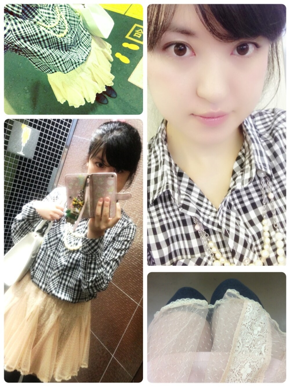 「ニーハイ、GU、ガーリー、ポニーテール、パールネックレス、雨の日コーデ、ギンガムチェックシャツ、Angelic Pretty、黒×ピンク」｜「GUのギンガムチェックシャツ（シャツ/ブラウス、ブラック系）」を使った、asami*さん（レディース・161cm）の夏コーディネートの1枚目の写真