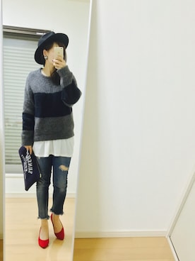 「Ungrid（アングリッド）のフレイドヘムストスリ（デニムパンツ）」を使った、kaorin☆さん（レディース・156cm）の冬コーディネート