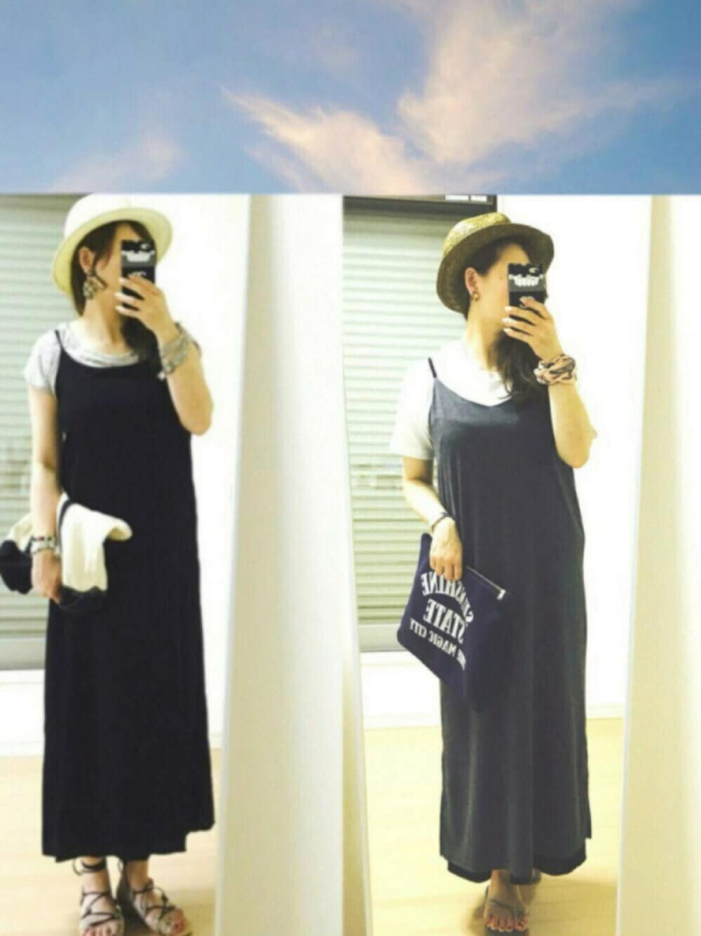 「着まわしんご♡、自分、不器用ですから、カジュアルコーデ、Tシャツ、ユニクロ、ビーチサンダル、ハワイアナス、マキシ丈ワンピース、7月WEAR夏のサンダル祭り、キャミワンピ」｜「ROSE BUDの【大人気リバーシブル商品】S-LCTO-16107（ワンピース、ブラック系）」を使った、kaorin☆さん（レディース・156cm）の夏コーディネートの1枚目の写真