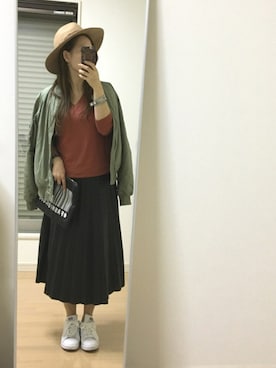 「レザースカート」｜「アイテム（MA-1）」を使った、kaorin☆さん（レディース・156cm）の秋コーディネート