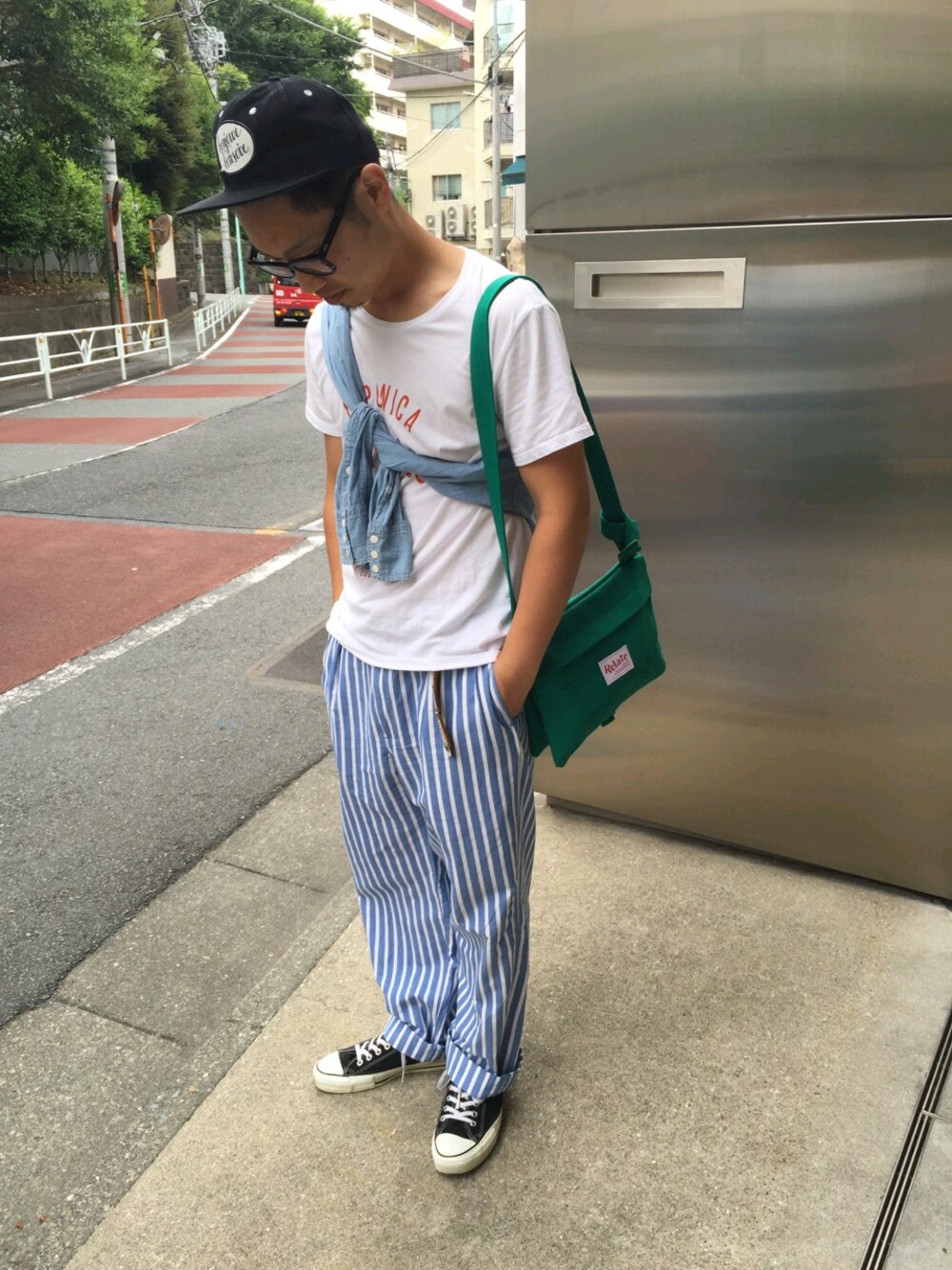 「リレイト、リレート、Relate、キャップ、ショルダーバッグ、暑い」｜「ラルフローレンのアイテム（パンツ、ブルー系）」を使った、Yuji　Kamitaniさん（メンズ・172cm）の夏コーディネートの1枚目の写真