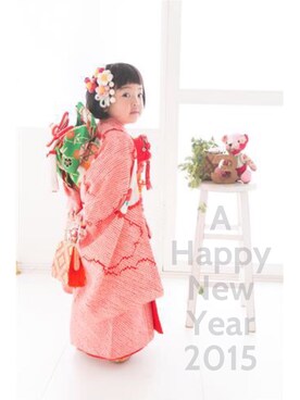 「アイテム（水着/着物・浴衣、レッド系）」を使った、mariekkoさん（キッズ・90cm）の冬コーディネート