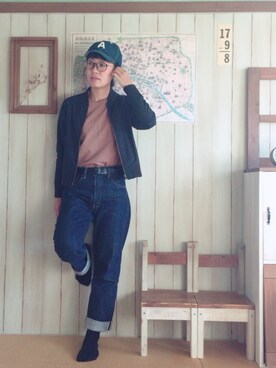 「キャップ×メガネ」｜「アイテム（ジャケット/アウター）」を使った、marimo++さん（レディース・156cm）の秋コーディネート