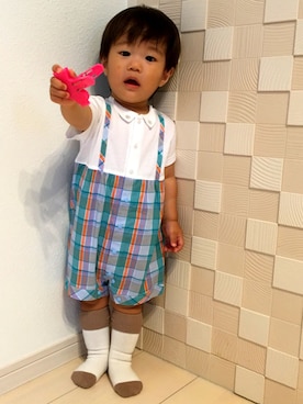 「アイテム（ロンパース、グリーン系）」を使った、yuumamaさん（キッズ・70cm）の秋コーディネート