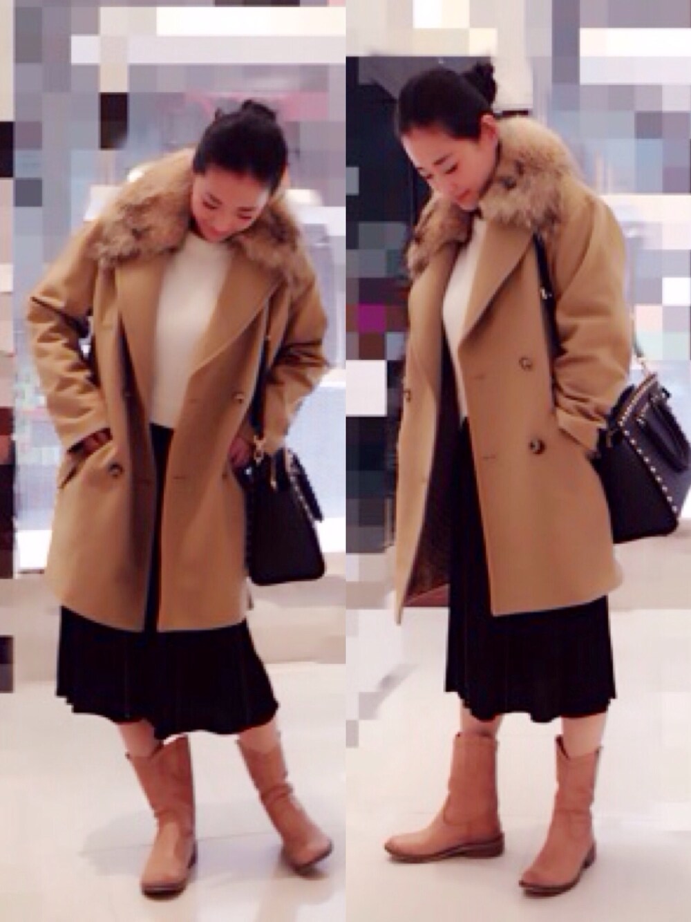 「カジュアル、シンプル、スカート、フレアスカート、コート、ファー小物、ニット、ブーツ」｜「MICHAEL KORSのMICHAEL Michael Kors Oversized Tailored Coat W/ Fur Collar（ジャケット/アウター、ブラウン系）」を使った、もんぶらんさん（レディース・163cm）の冬コーディネートの1枚目の写真