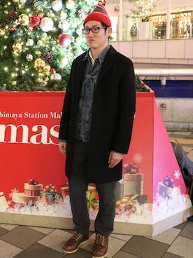 「ツイードパンツ」｜「アイテム（チェスターコート）」を使った、［fumiya］さん（メンズ・180cm）の冬コーディネート
