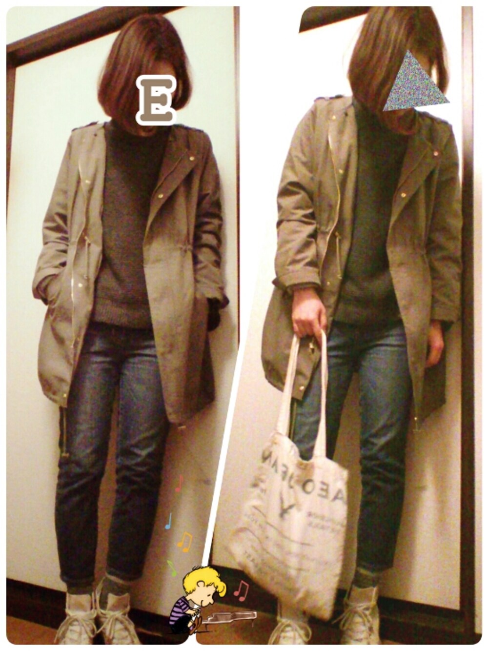 グレー系のTシャツ/カットソー、グレー系のベスト、グリーン系のジャケット/アウターを着用したレディースの春コーディネートの1枚目の写真