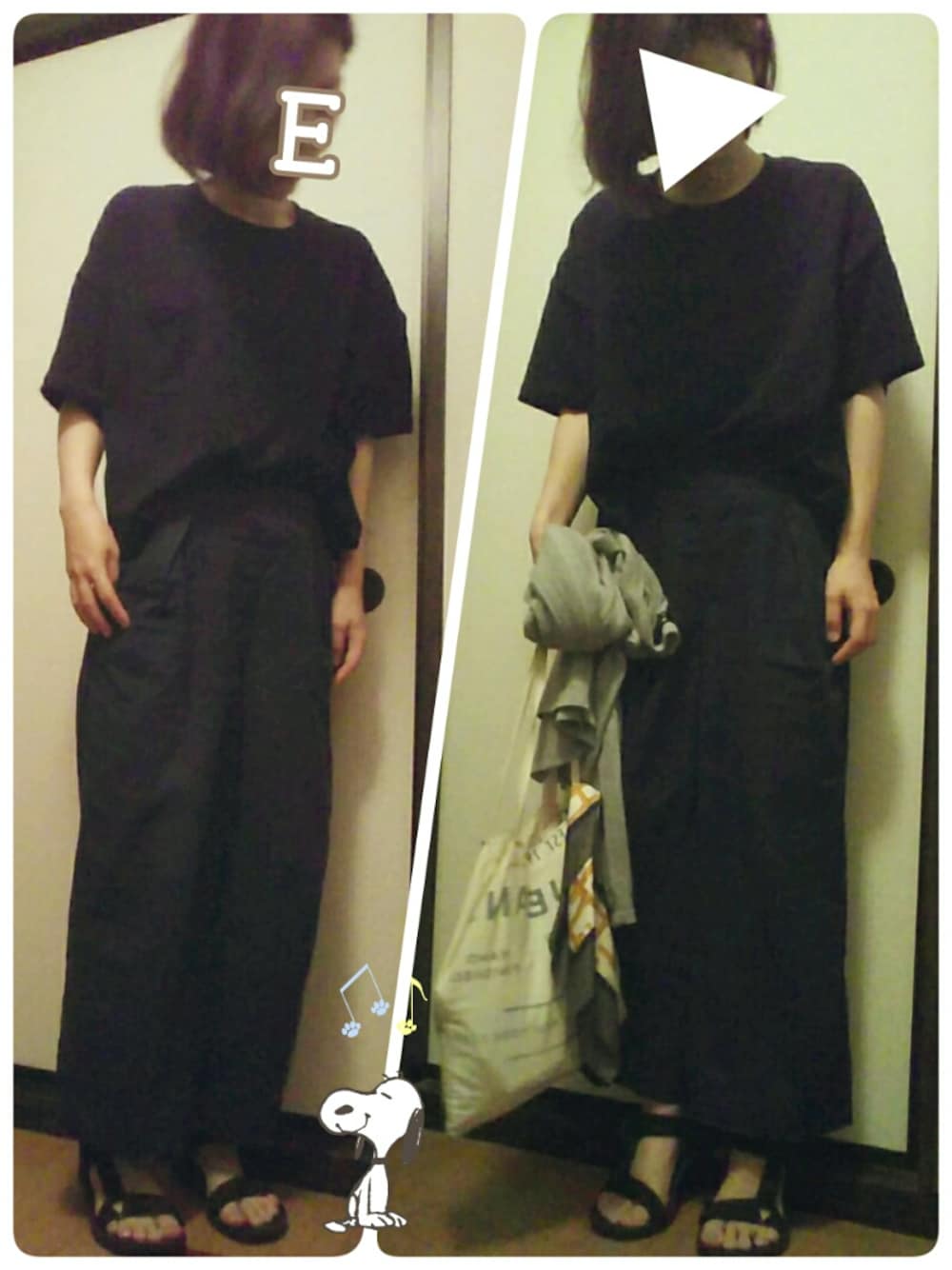 ブラック系のトップス、ブルー系のパンツ、ホワイト系のバッグを着用したレディースの夏コーディネートの1枚目の写真