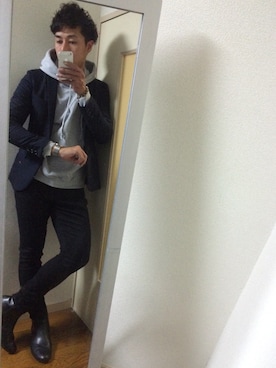 「細身」｜「アイテム（テーラードジャケット）」を使った、chanmoさん（メンズ・176cm）の冬コーディネート