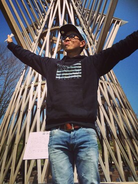 「APPLEBUM（アップルバム）のアイテム（パーカー、ブラック系）」を使った、moscotさん（メンズ・168cm）の夏コーディネート