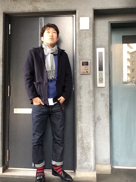 「ボーダーソックス」｜「アイテム（ブルゾン）」を使った、kazutaka nagaiさん（メンズ・172cm）の冬コーディネート