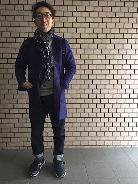 「黒縁メガネ」｜「アイテム（ステンカラーコート）」を使った、kazutaka nagaiさん（メンズ・172cm）の春コーディネート