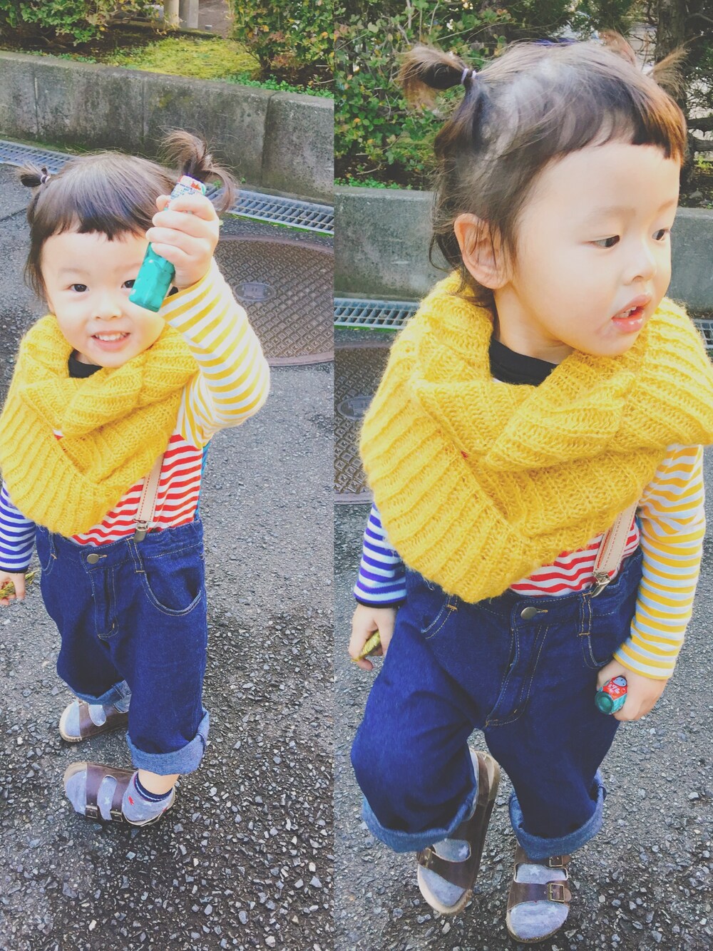 「あさぷん、古着、used mix、kids、kidsfashion、2歳、息子、息子コーデ」｜「しまむらのアイテム（トップス、その他）」を使った、bubu   𓅫さん（キッズ・100cm）の秋コーディネートの1枚目の写真