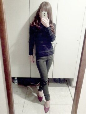 「アイテム（デニムパンツ、グリーン系）」を使った、chi＊さん（レディース・152cm）の冬コーディネート