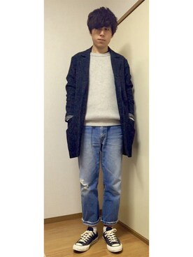 「チャックテイラー」｜「アイテム（チェスターコート）」を使った、つっしーさん（メンズ・174cm）の冬コーディネート
