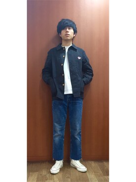 「カットオフ」｜「アイテム（カバーオール）」を使った、つっしーさん（メンズ・174cm）の春コーディネート