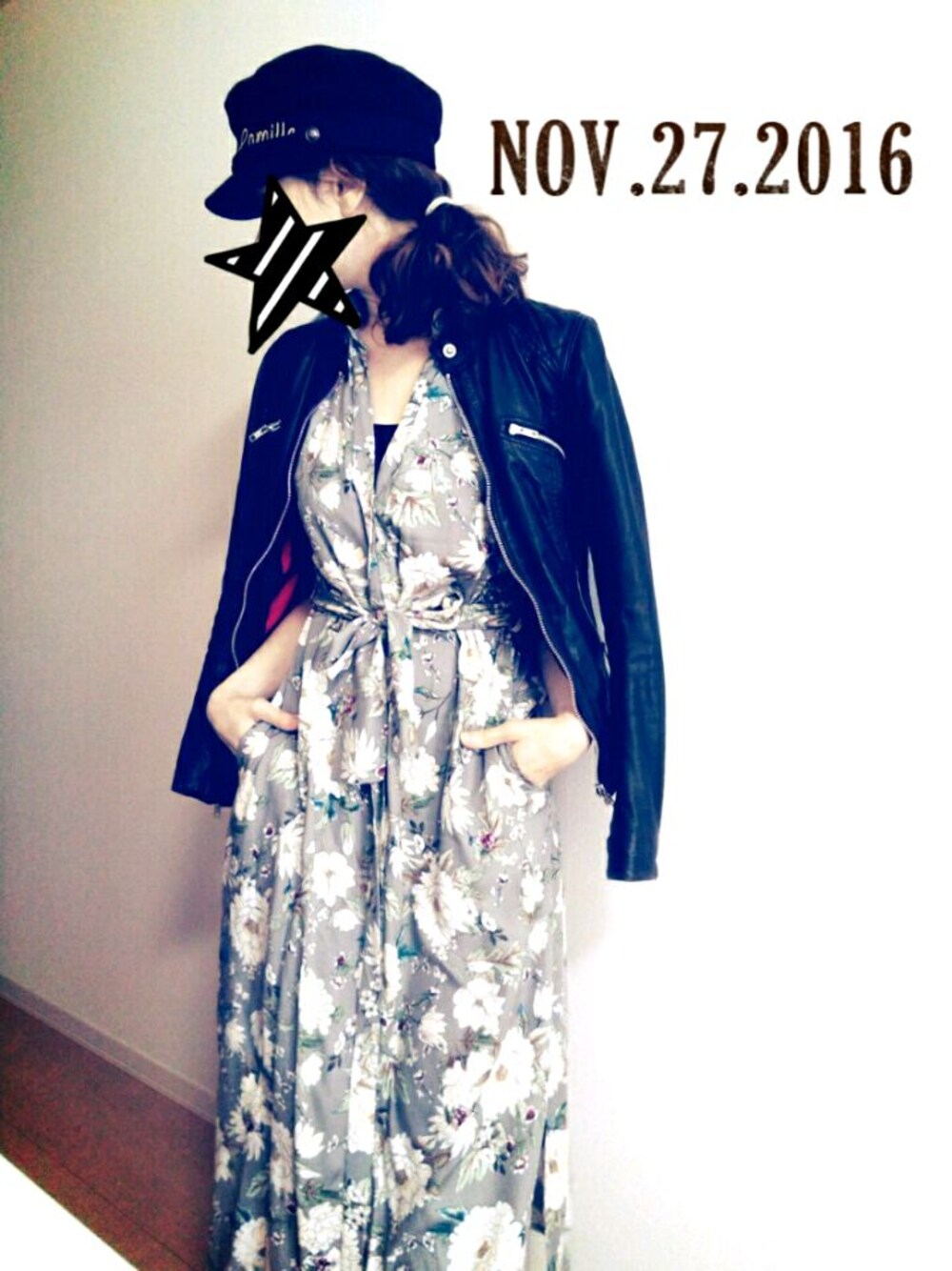 「ootd、outfit、ライダース、ワンピース、花柄、モノトーン、シンプル、秋のコーデ、ZARA、帽子」｜「ZARAのアイテム（ワンピース、グレー系）」を使った、✰TESS✰さん（レディース・170cm）の秋コーディネートの1枚目の写真