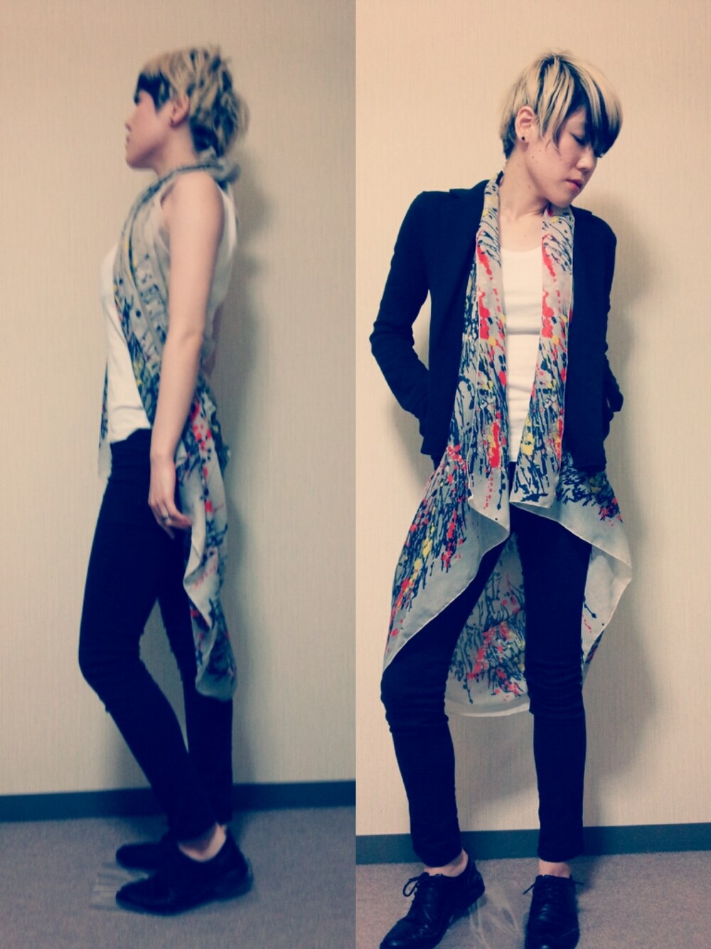 ブラック系のその他パンツ、グレー系のストール/ショールを着用したレディースの秋コーディネートの1枚目の写真