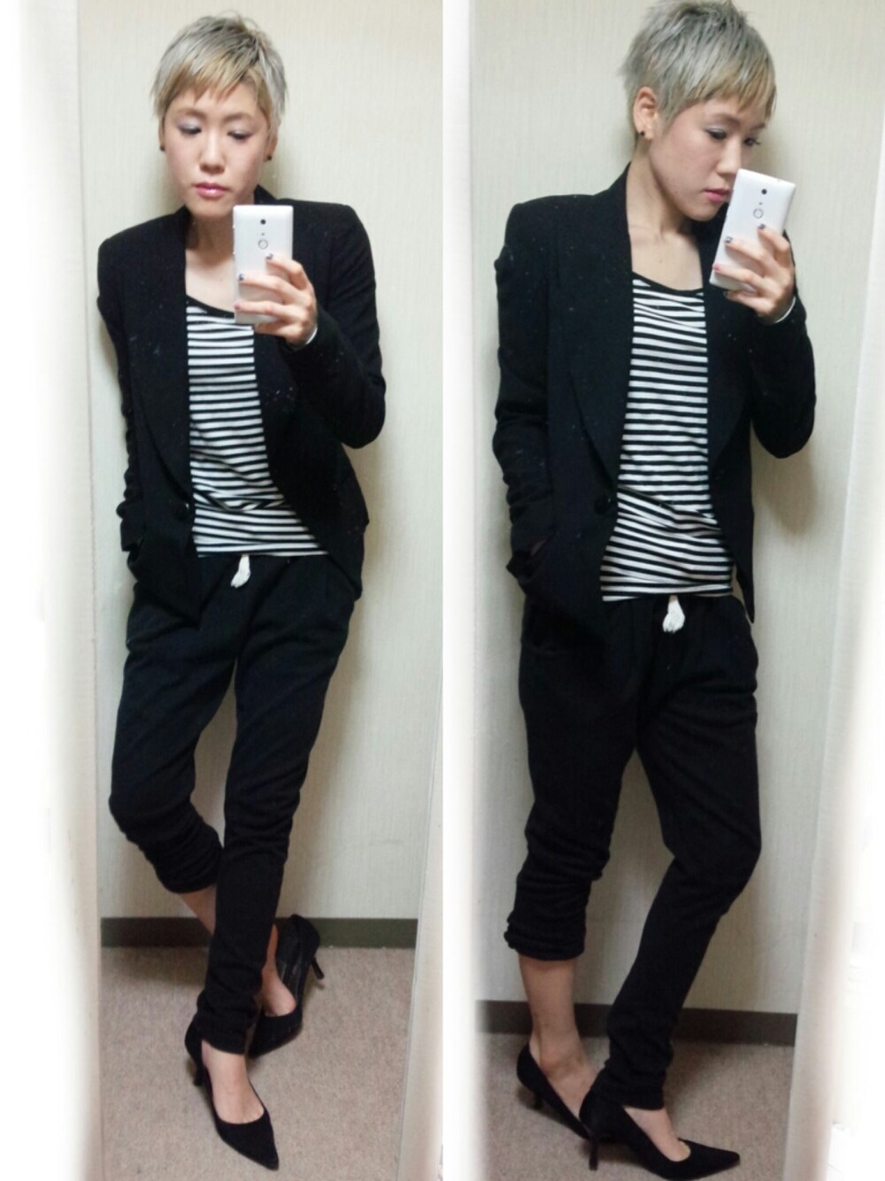 ブラック系のその他パンツ、ブラック系のテーラードジャケットを着用したレディースの秋コーディネートの1枚目の写真