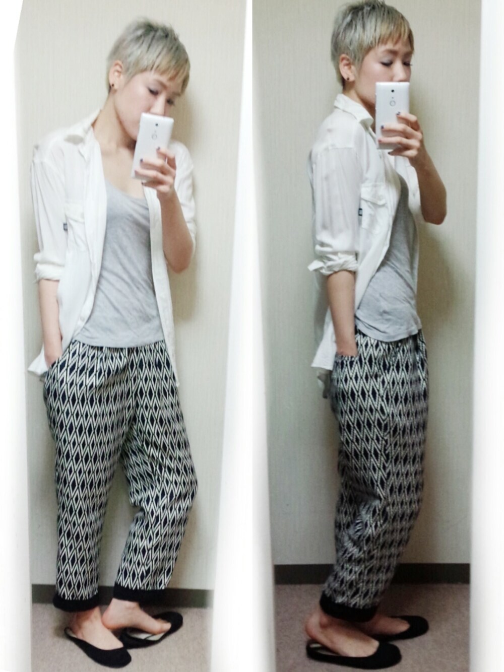 ブルー系のスラックス、ブラック系のその他シューズを着用したレディースの秋コーディネートの1枚目の写真