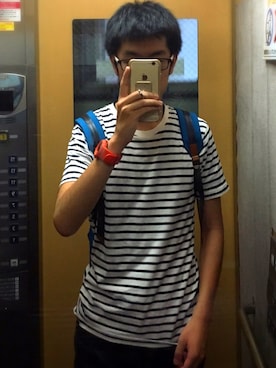 「UNIQLO（ユニクロ）のMEN スーピマコットンボーダーT（半袖）A（Tシャツ/カットソー、ホワイト系）」を使った、吉田和弘さん（メンズ・174cm）の夏コーディネート