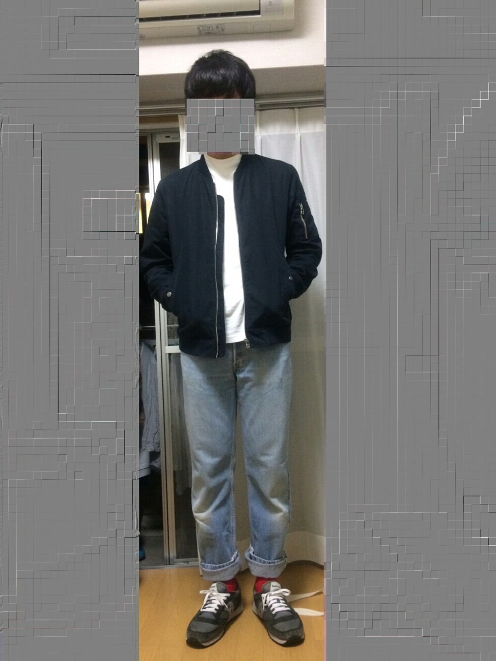 「RAGEBLUE、デニム、MA1、levis501、モックネック、uniqro、Levis、saucony、ハイネック、Levis501xx」｜「RAGEBLUEの＜USAコットン使用＞MA-1 /568275（ブルゾン、ブルー系）」を使った、kishikenさん（メンズ・174cm）の秋コーディネートの1枚目の写真