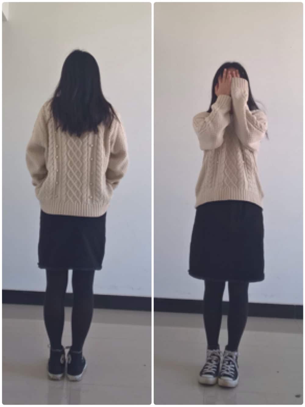 ブラック系のスカート、ブラック系のスニーカーを着用したレディースの秋コーディネートの1枚目の写真