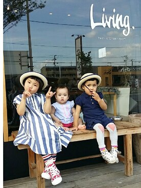 「H&M（エイチ・アンド・エム）のアイテム（シューズ、ホワイト系）」を使った、rintenendanさん（キッズ・110cm）の夏コーディネート