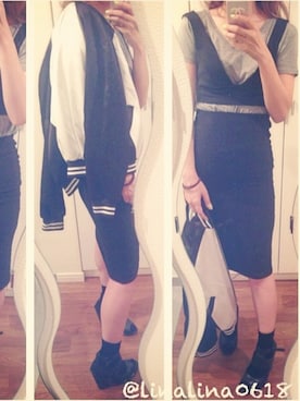 「TOPSHOP（トップショップ）のアイテム（Tシャツ/カットソー、グレー系）」を使った、linalina0618さん（キッズ・60cm）の冬コーディネート