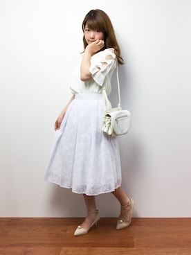 「m.f.editorial（エムエフエディトリアル）のエムエフエディトリアル　レディース / m.f.editorial：Women リーフ柄オパールプリントフレアスカート（白・ネイビー）（スカート）」を使った、ほたてさん（レディース・150cm）の秋コーディネート