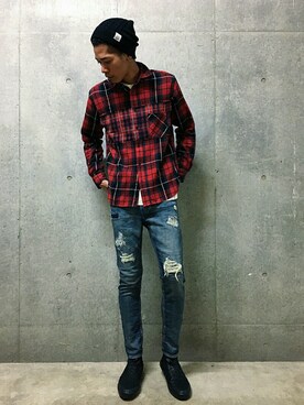 「AZUL by moussy（アズールバイマウジー）のアイテム（キャップ）」を使った、Jackson O Yousukeさん（メンズ・184cm）の秋コーディネート