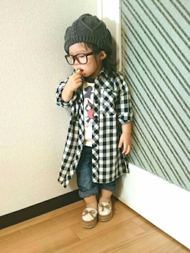 「西松屋」｜「アイテム（シャツワンピース）」を使った、yur★takさん（キッズ・80cm）の秋コーディネート