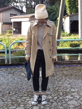 「ニット帽コーデ」｜「アイテム（トレンチコート）」を使った、くろともさん（レディース・154cm）の秋コーディネート