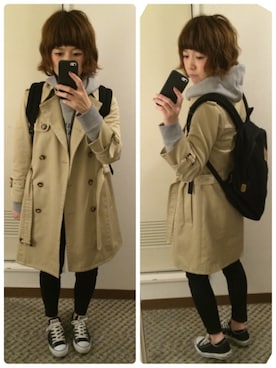 「スウエット」｜「アイテム（トレンチコート）」を使った、くろともさん（レディース・154cm）の冬コーディネート