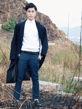 「blue」｜「アイテム（カバーオール）」を使った、Darren Tsangさん（メンズ・179cm）の冬コーディネート