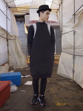 「A land（エーランド）のアイテム（スウェット）」を使った、Darren Tsangさん（メンズ・179cm）の冬コーディネート