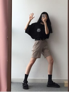 「NIKE（ナイキ）のNIKE / DRI-FIT COTTON SWOOSH BLOCK TEE(AS)（Tシャツ/カットソー、ホワイト系）」を使った、o.kisybobbyさん（レディース・158cm）の夏コーディネート