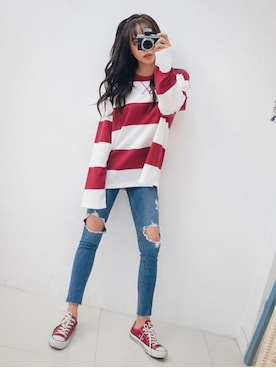 「NIKE（ナイキ）のNIKE / DRI-FIT COTTON SWOOSH BLOCK TEE(AS)（Tシャツ/カットソー、ホワイト系）」を使った、o.kisybobbyさん（レディース・158cm）の秋コーディネート