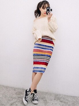 「merry jenny（メリージェニー）のフレアスリーブリブニット（ニット/セーター、ブラック系）」を使った、o.kisybobbyさん（レディース・158cm）の秋コーディネート