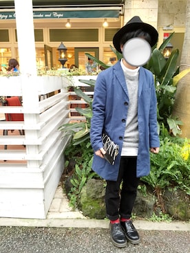 「ツバ広ハット」｜「アイテム（ステンカラーコート）」を使った、poKuToさん（メンズ・160cm）の秋コーディネート