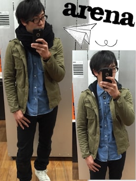 「ホワイトスニーカー」｜「アイテム（ミリタリージャケット）」を使った、arenaさん（メンズ・174cm）の冬コーディネート