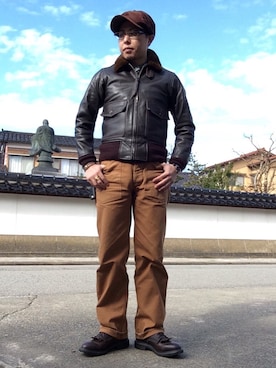 「アイテム（ミリタリージャケット、ブラウン系）」を使った、Koutankさん（メンズ・168cm）の冬コーディネート