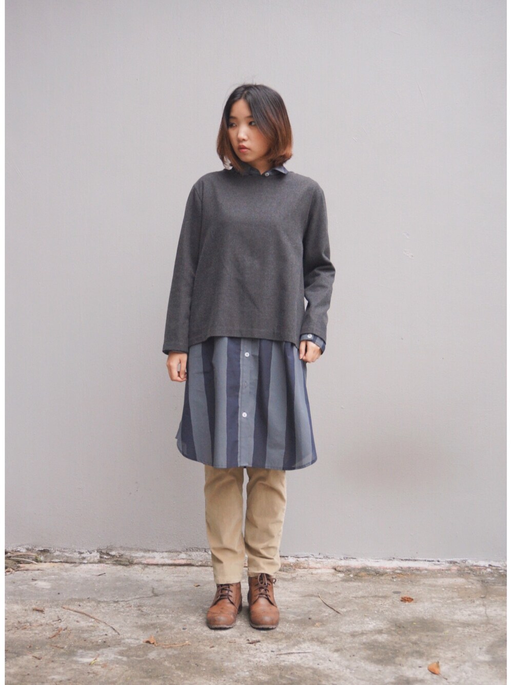 「my basic selectのアイテム（アンサンブル、グレー系）」を使った、許Karen さん（レディース・160cm）の冬コーディネートの1枚目の写真