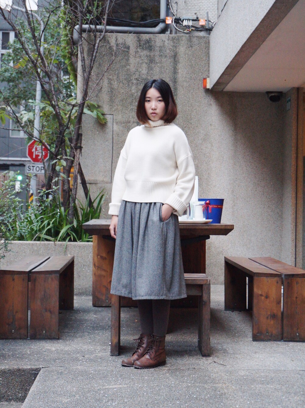 「ICHI antiquite’s、my basic select、WEARBOOKエントリー、今日の服」｜「my basic selectのアイテム（ニット/セーター、ホワイト系）」を使った、許Karen さん（レディース・160cm）の冬コーディネートの1枚目の写真