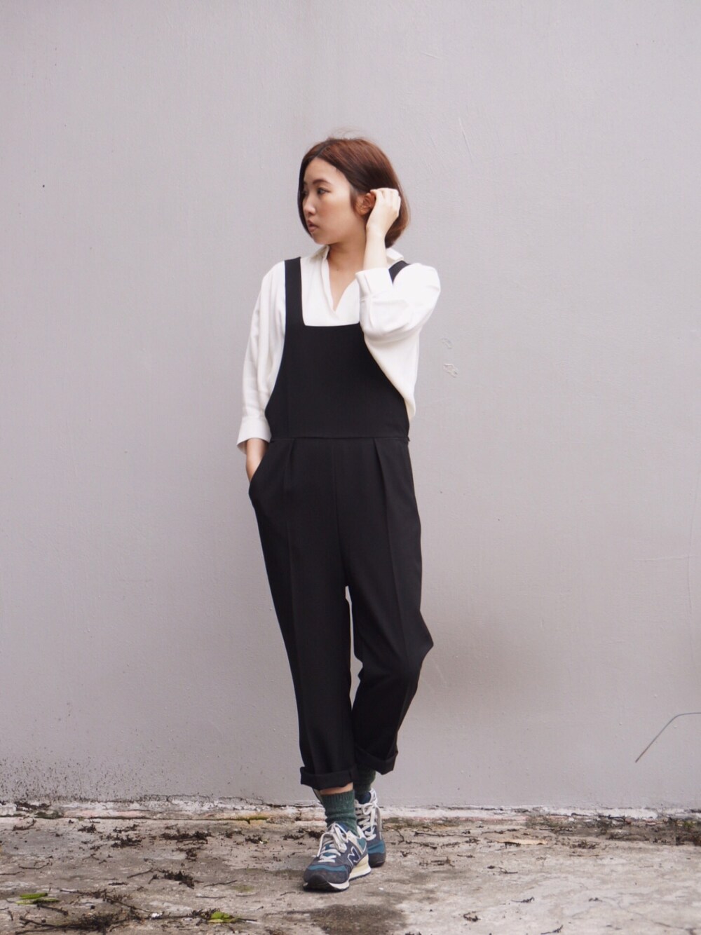「日系」｜「my basic selectのアイテム（つなぎ/オールインワン、ブラック系）」を使った、許Karen さん（レディース・160cm）の春コーディネートの1枚目の写真