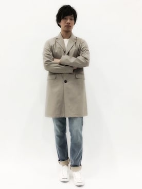 「BEAMS F（ビームスエフ）のアイテム（ステンカラーコート）」を使った、NandeyaNenさん（メンズ・180cm）の春コーディネート