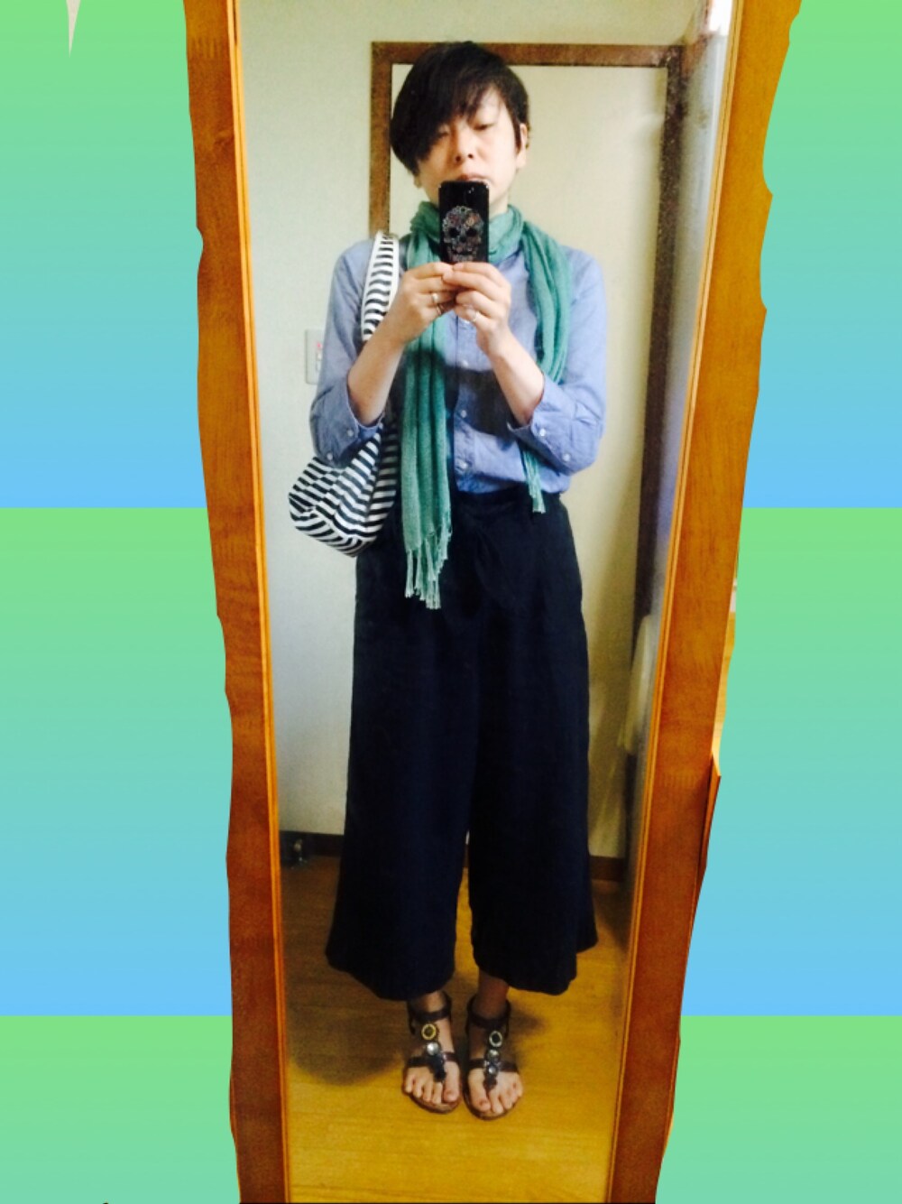 「ストール（バンダナ/スカーフ、グリーン系）」を使った、まみ💜さん（レディース・156cm）の夏コーディネートの1枚目の写真