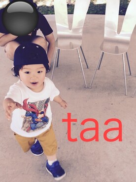 「アイテム（カーゴパンツ、イエロー系）」を使った、taaさん（キッズ・80cm）の夏コーディネート